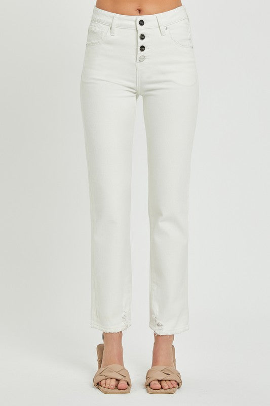 Risen White Mid Rise Tummy Control Button Down Jeans - Sunshine Boutique