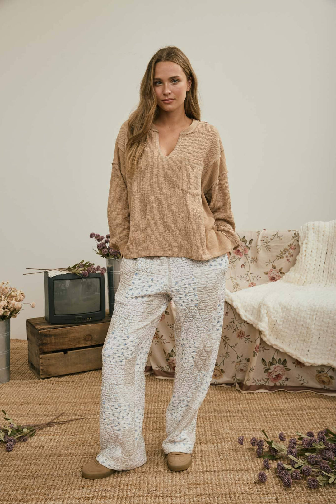 Khaki Split Neck Ribbed Top