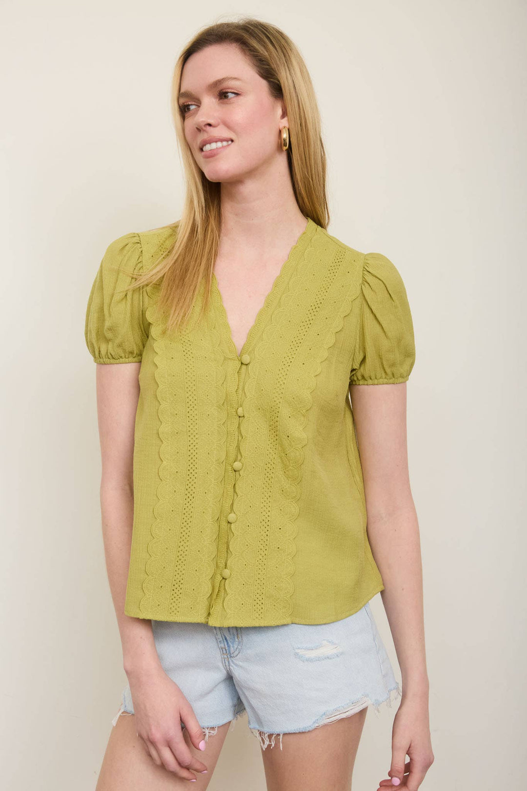 Kiwi Scallop Lace Button Down Top