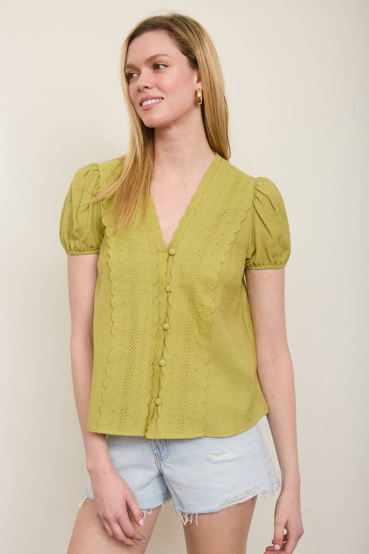 Kiwi Scallop Lace Button Down Top