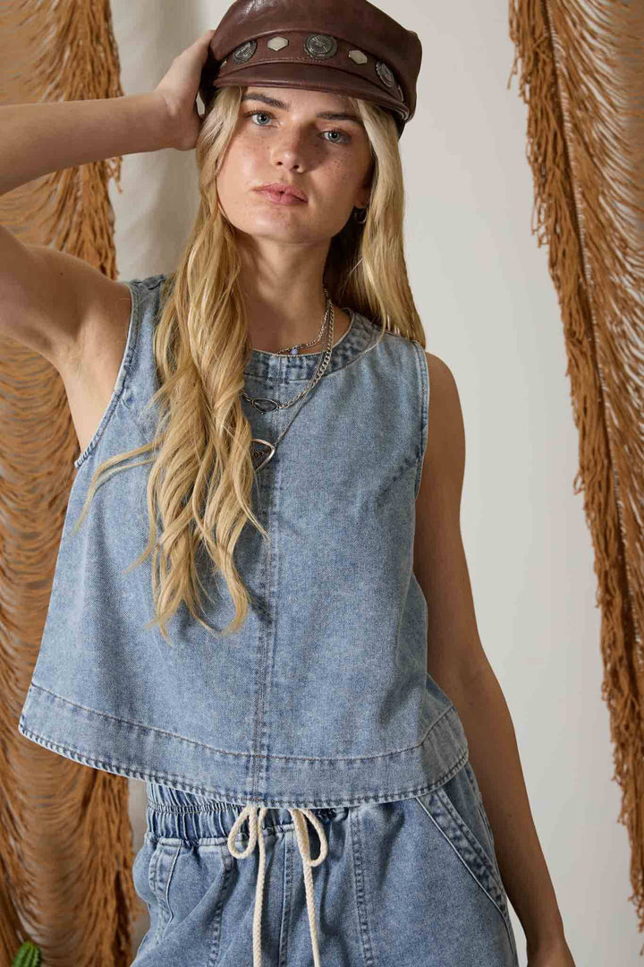 Denim Button Back Sleeveless Top