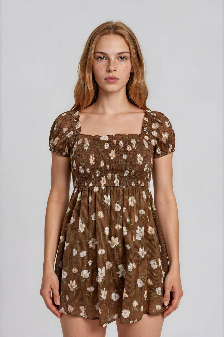 Brown Floral Smocked Mini Dress