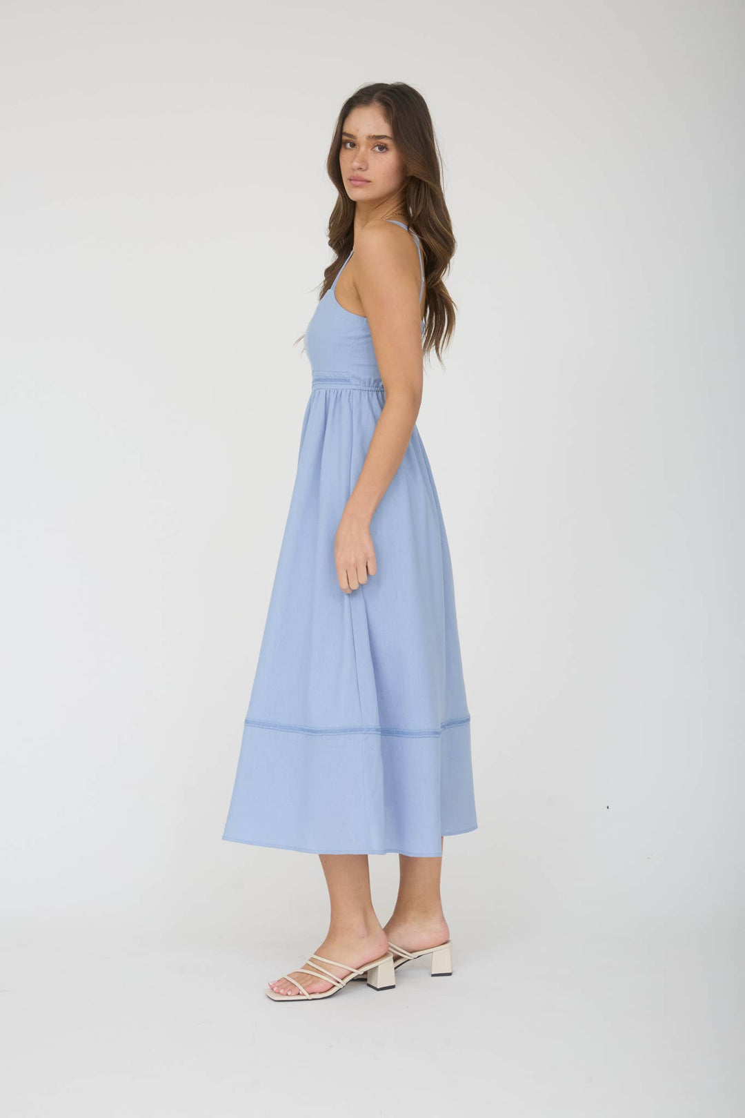 Dusty Blue Lace Trim Midi Dress