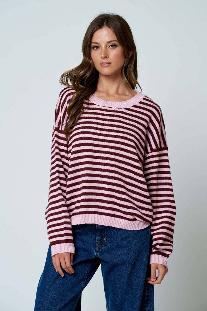 Pink Striped Button Back Sweater