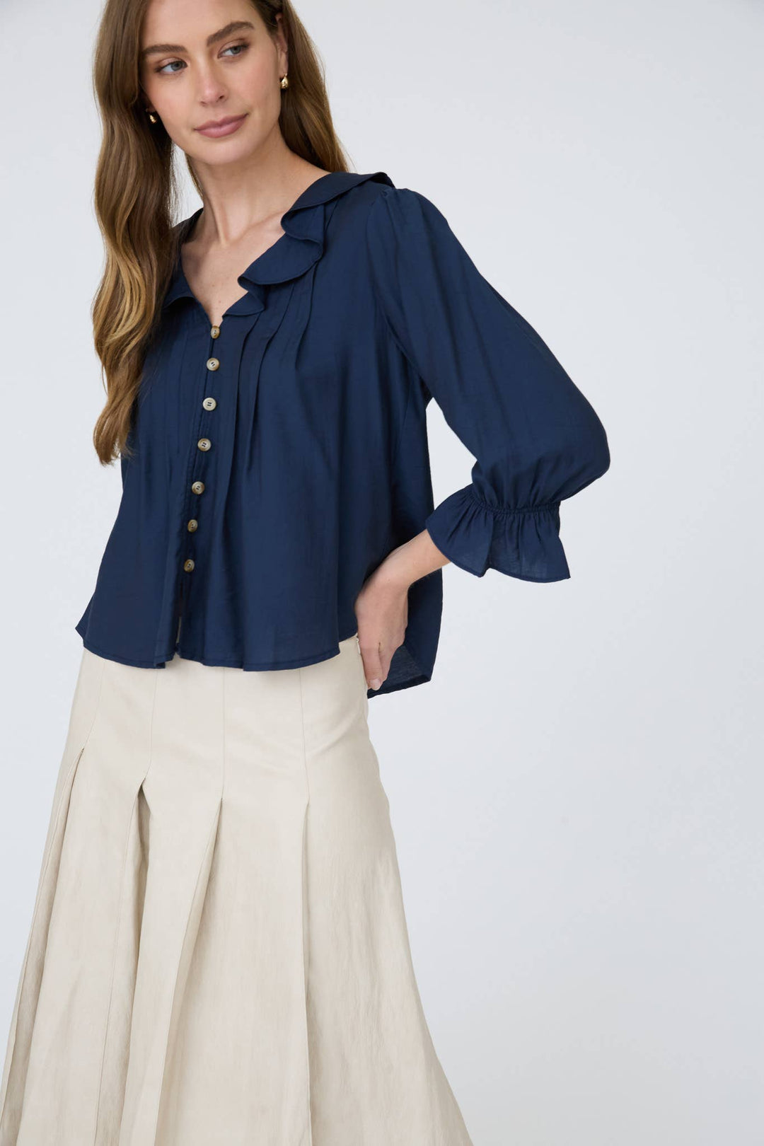 Navy Ruffled Button Down Blouse