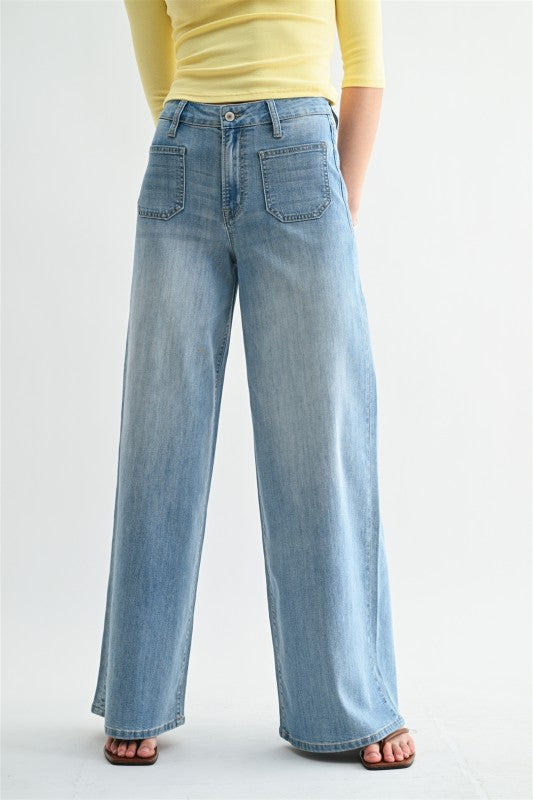 High Rise Wide Leg Patch Pocket Jeans