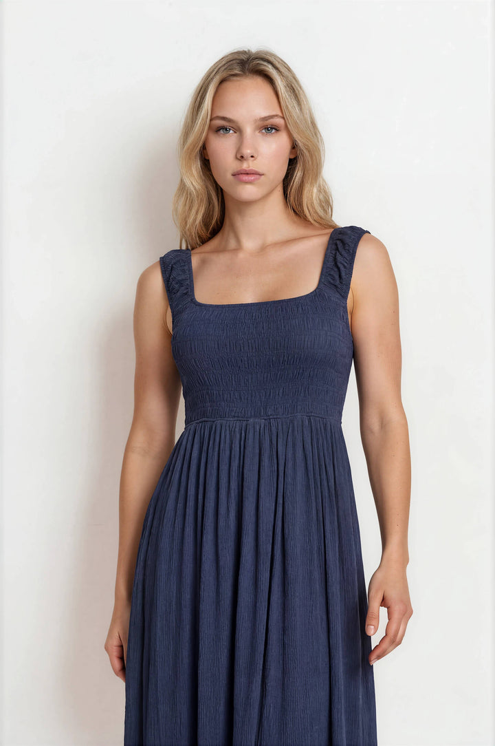 Dark Denim Smocked Midi Dress