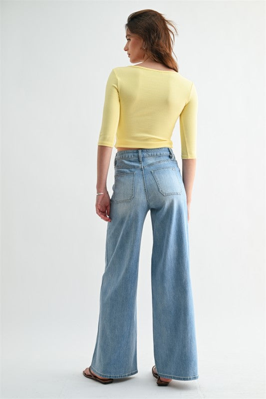 High Rise Wide Leg Patch Pocket Jeans