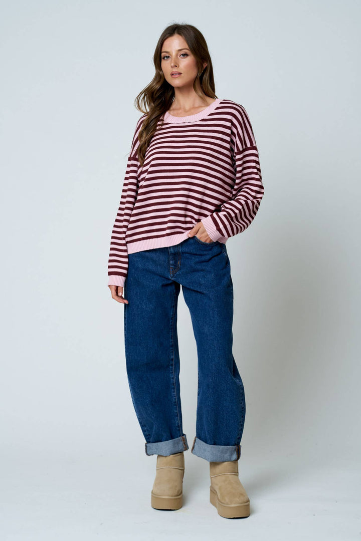Pink Striped Button Back Sweater