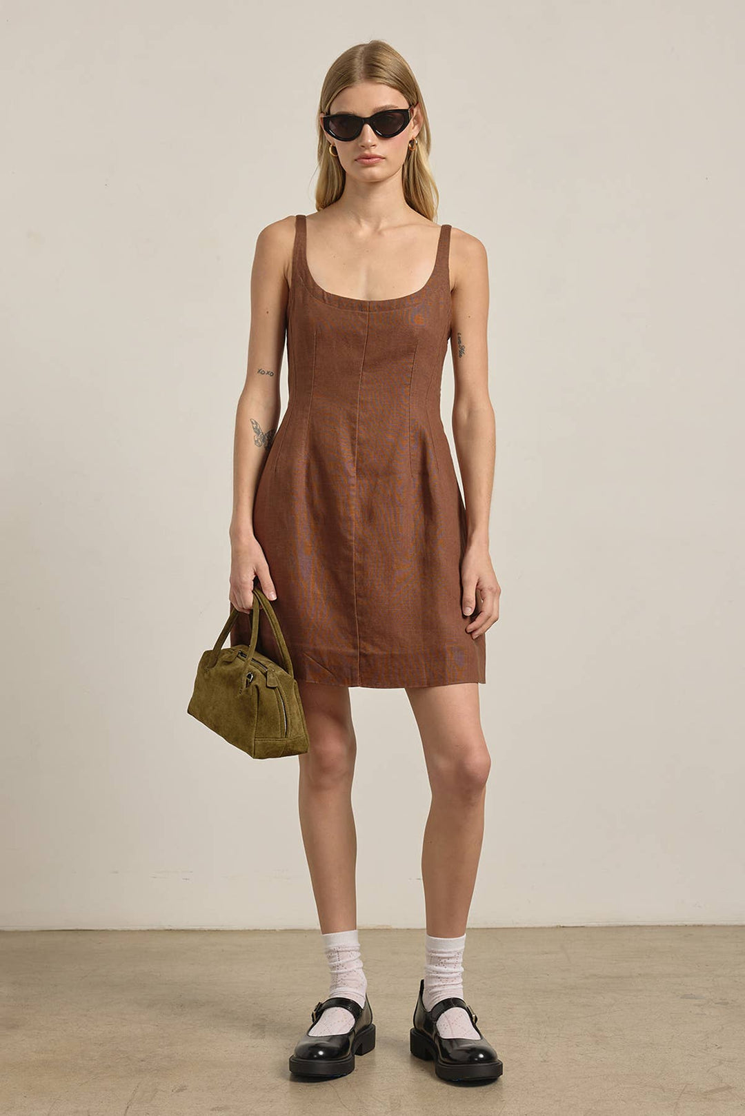 Brown Linen Square Neck Mini Dress