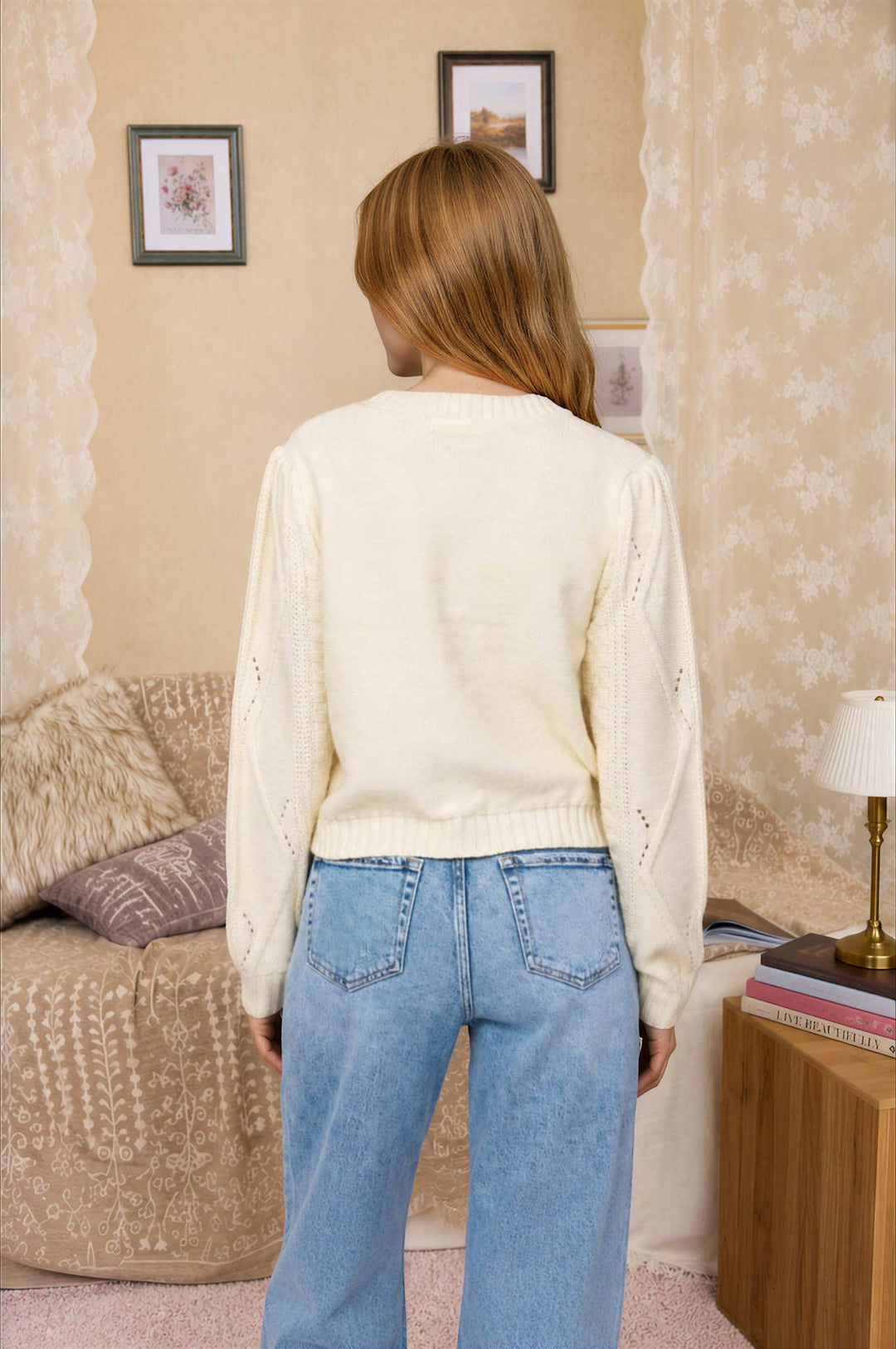 Cream Floral Cable Knit Cardigan