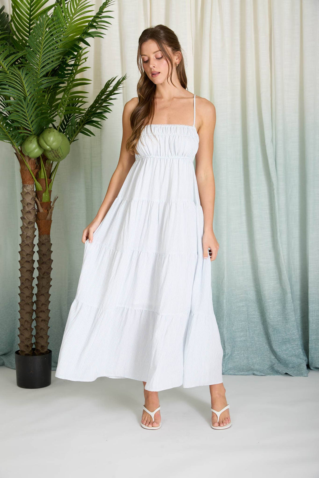 Denim Stripe Tiered Midi Dress
