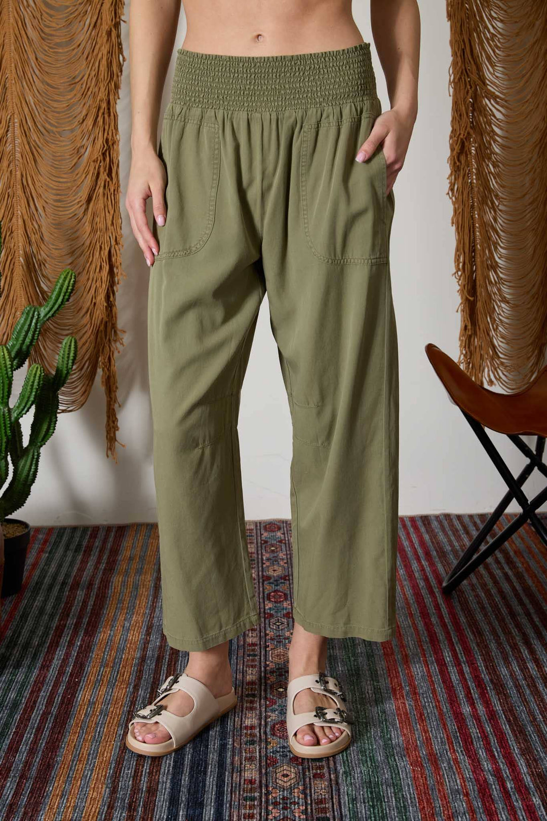 Olive Smocked Waist Wide Leg Pants