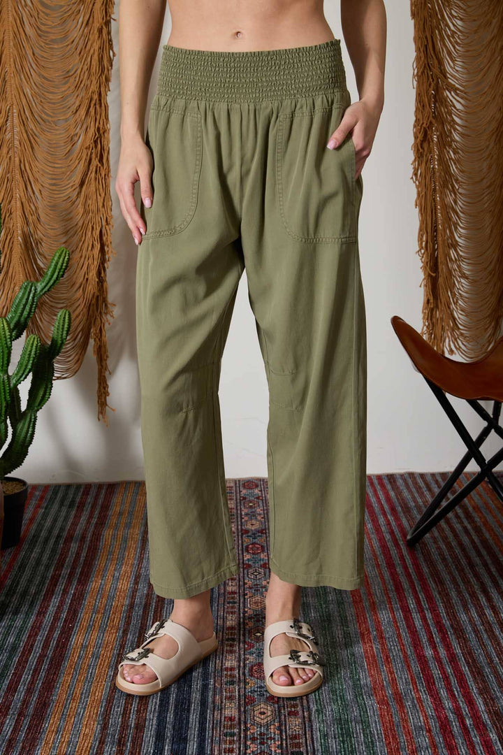 Olive Smocked Waist Wide Leg Pants