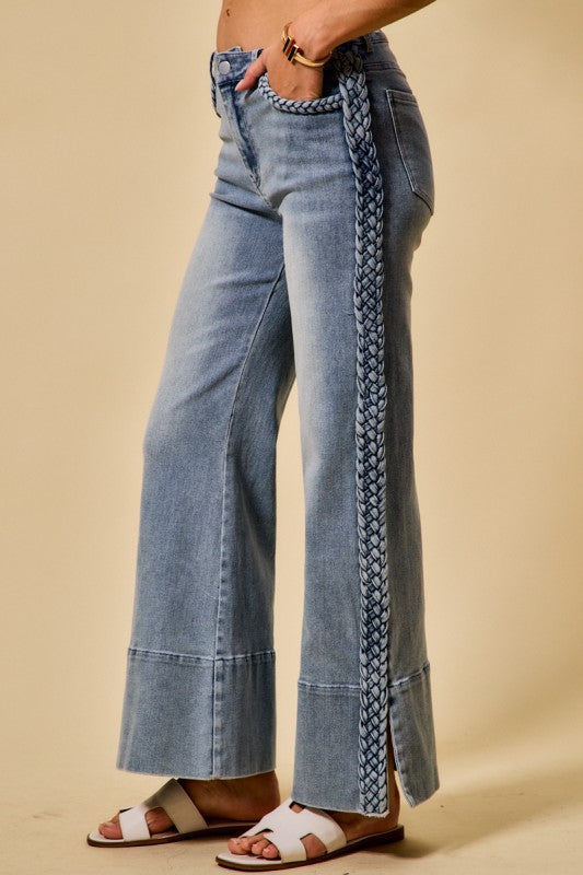 Braided Wide Leg Flare Jeans