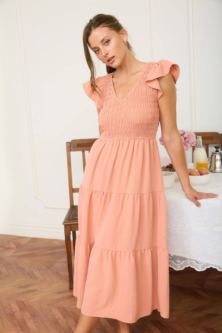Peach Flutter Sleeve Smocked Midi Dress