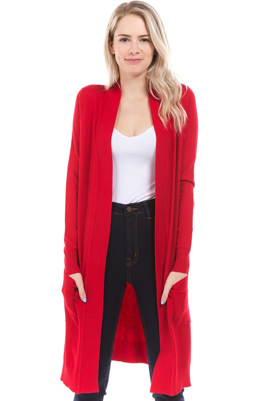 Red Long Open Cardigan