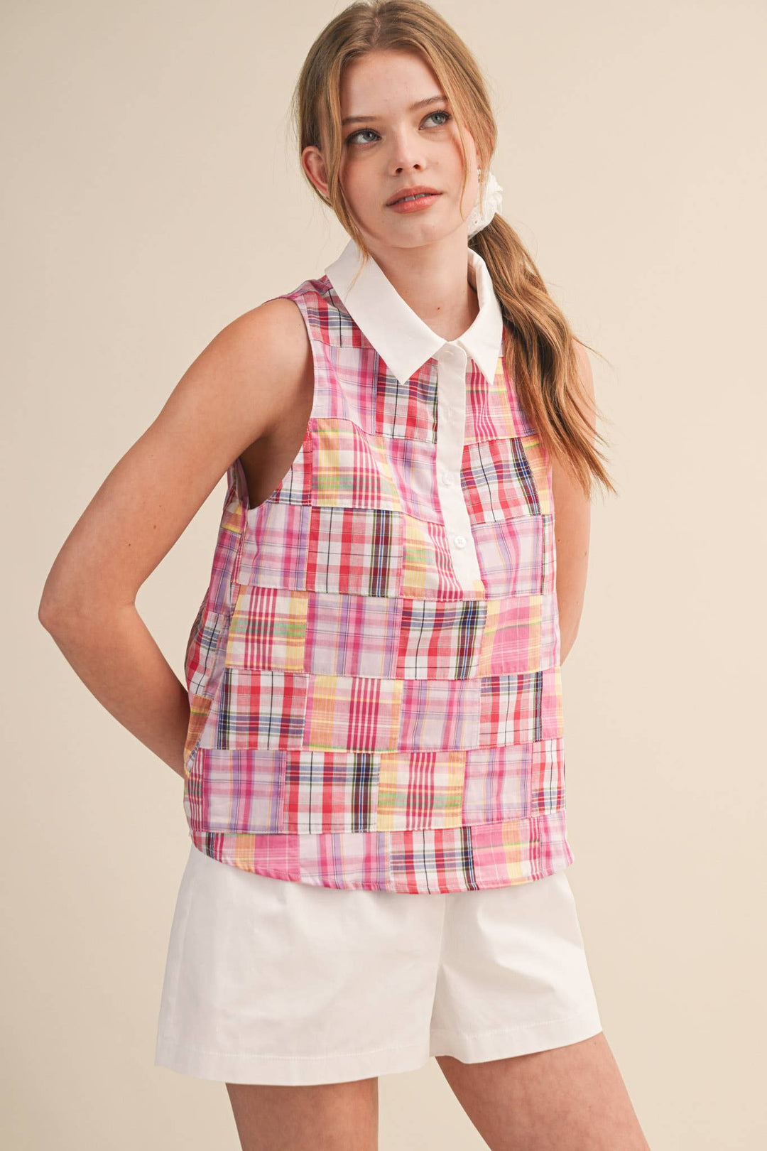 Pink Plaid Patchwork Sleeveless Top
