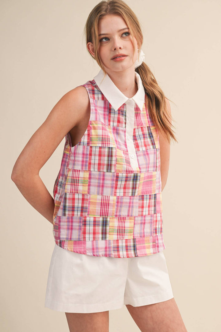 Pink Plaid Patchwork Sleeveless Top