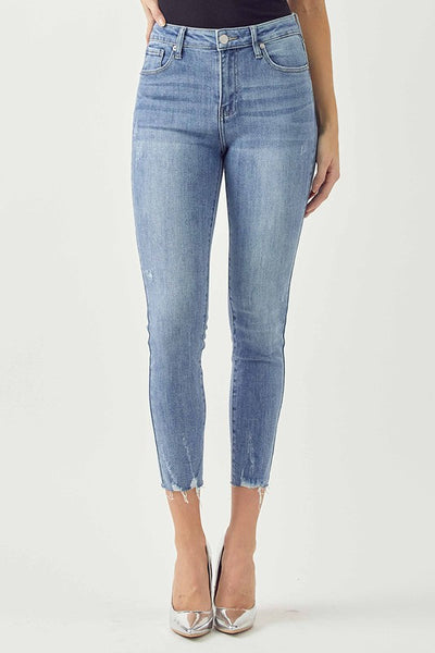 Risen Mid Rise Raw Hem Skinny Jeans