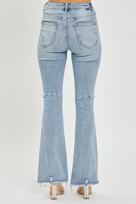 Risen High Rise Distressed Flare Jeans