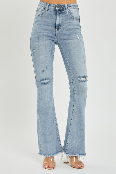 Risen High Rise Distressed Flare Jeans