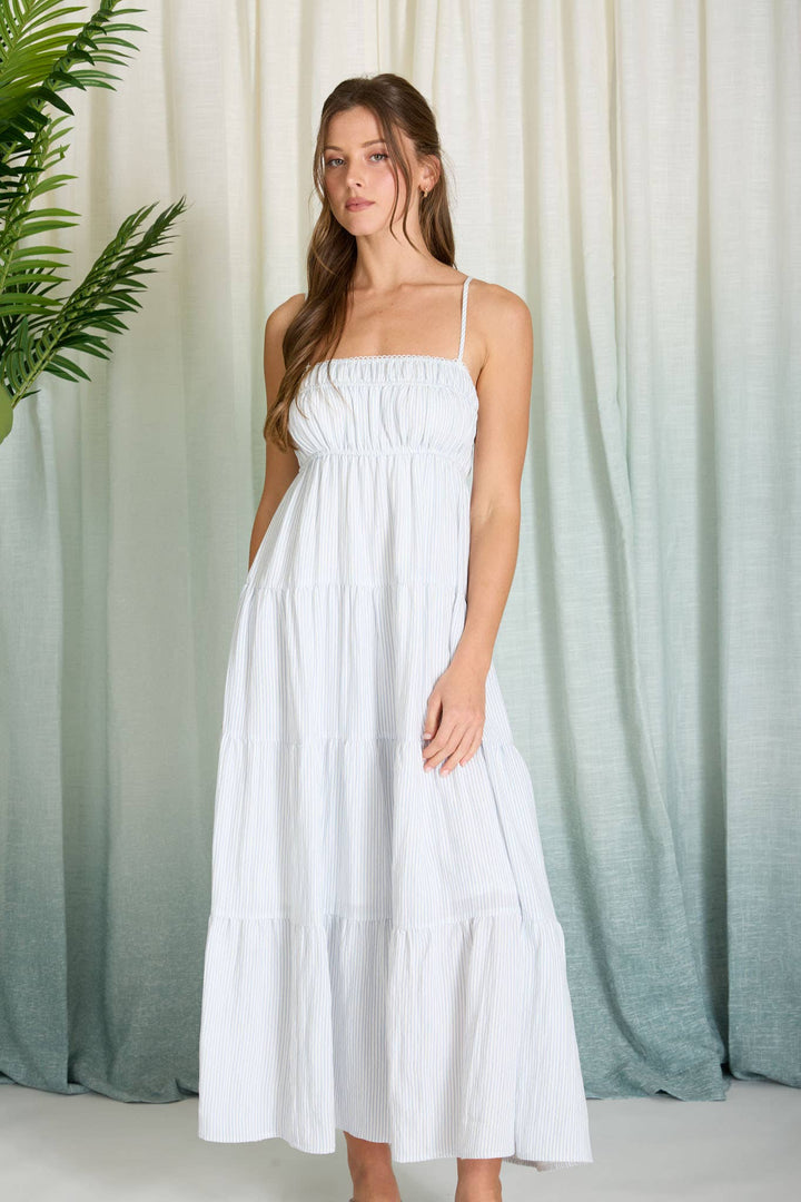 Denim Stripe Tiered Midi Dress
