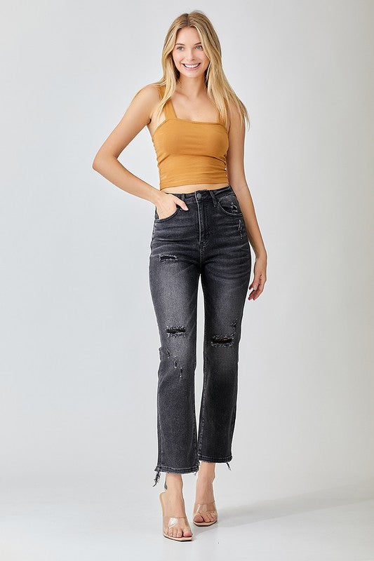 Risen High Rise Vintage Washed Straight Leg Jeans
