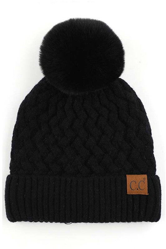 Black Cable Knit CC Beanie with Fur Pom
