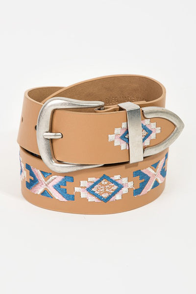 Brown Faux Leather Embroidered Pattern Belt