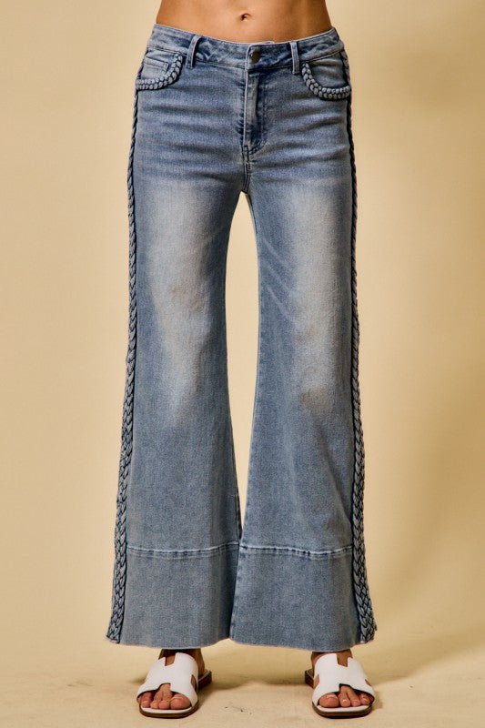 Braided Wide Leg Flare Jeans