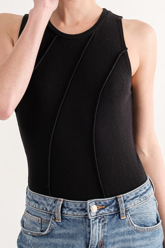 Black Exposed Seam Sleeveless Bodysuit
