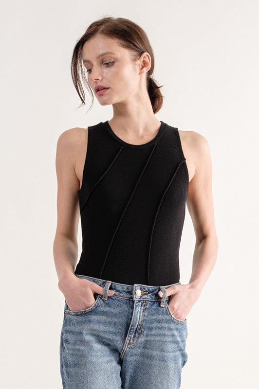Black Exposed Seam Sleeveless Bodysuit