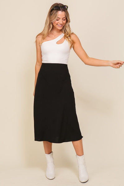 Black Elastic Midi Flare Skirt