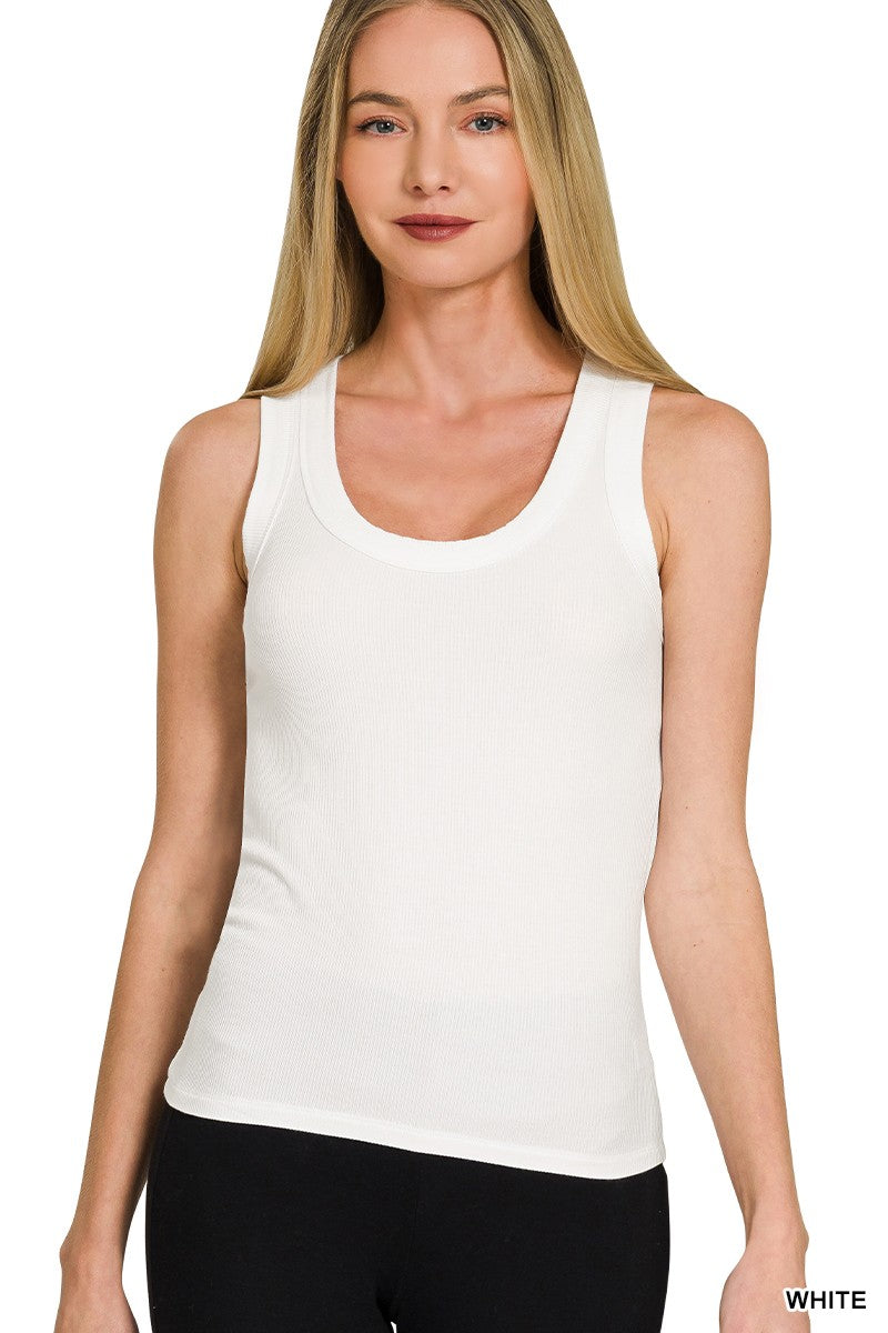 White Ribbed Scoop Neck Tank