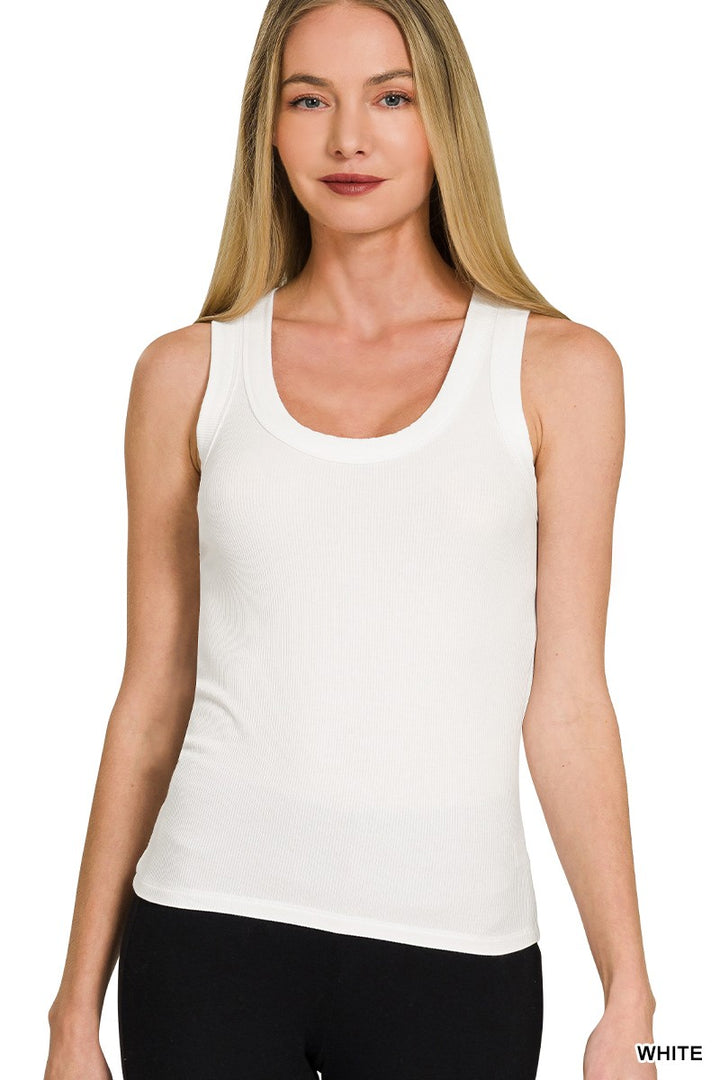 White Ribbed Scoop Neck Tank