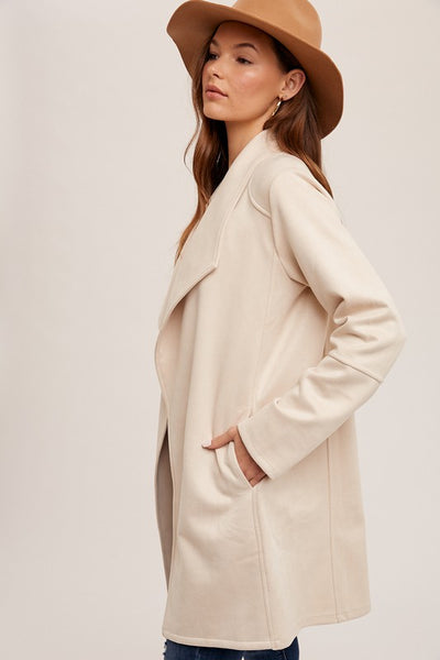 Cream Drape Front Suede Coat
