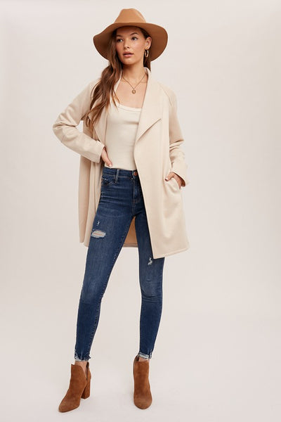 Cream Drape Front Suede Coat