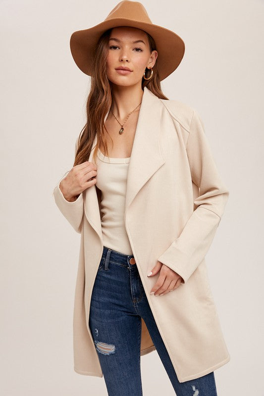 Cream Drape Front Suede Coat