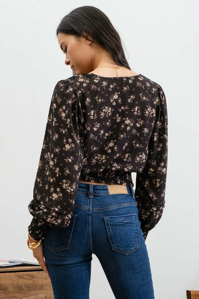 Black Floral Front Pleated Top