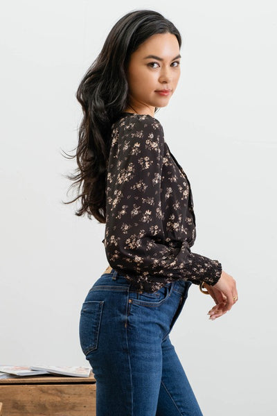 Black Floral Front Pleated Top