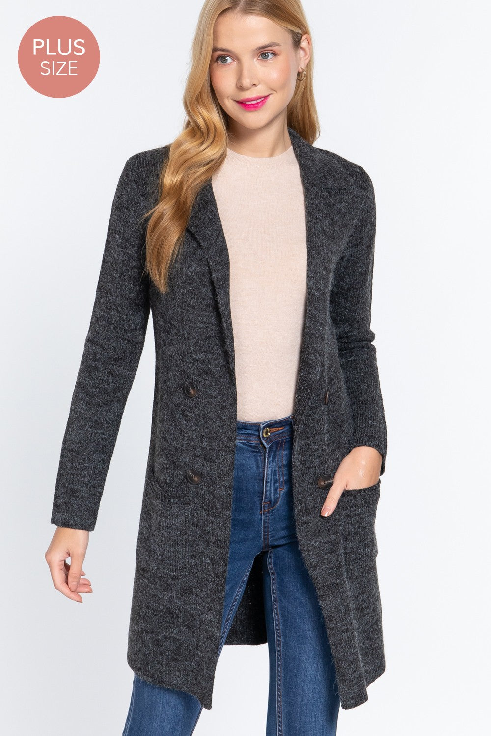 Charcoal Notched Collar Sweater Jacket: XL-2XL