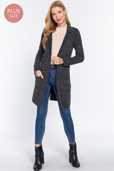 Charcoal Notched Collar Sweater Jacket: XL-2XL