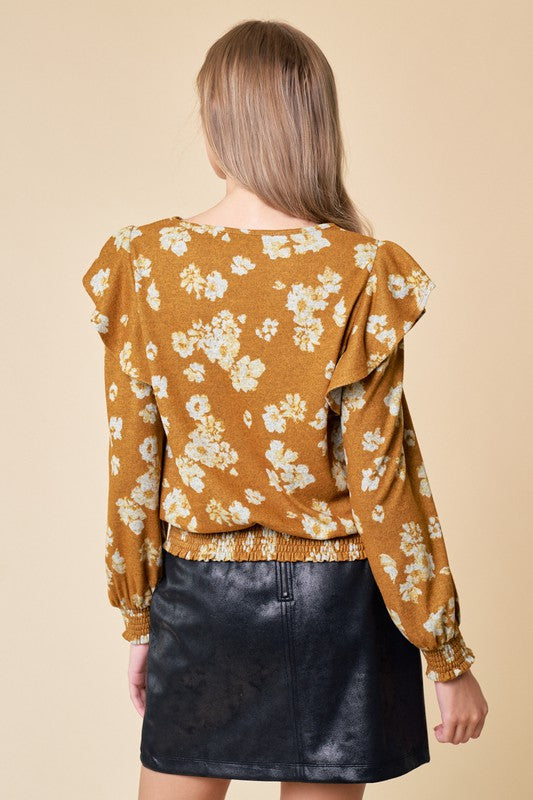 Golden Floral Ruffle Knit Top