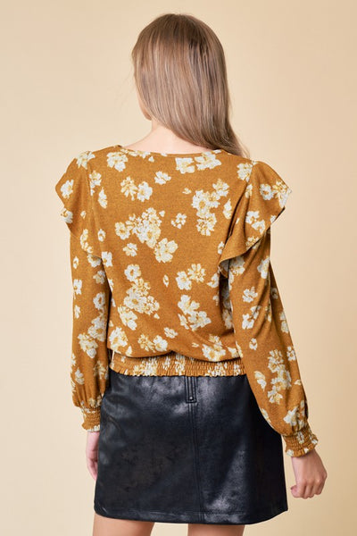 Golden Floral Ruffle Knit Top