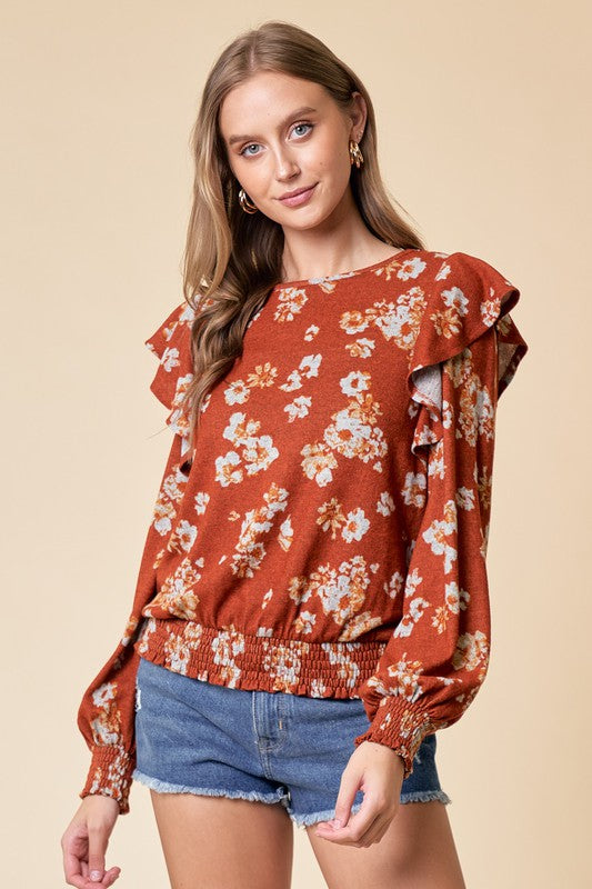 Rust Floral Ruffle Knit Top