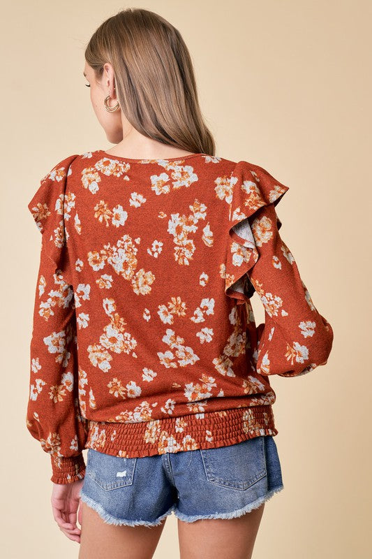 Rust Floral Ruffle Knit Top