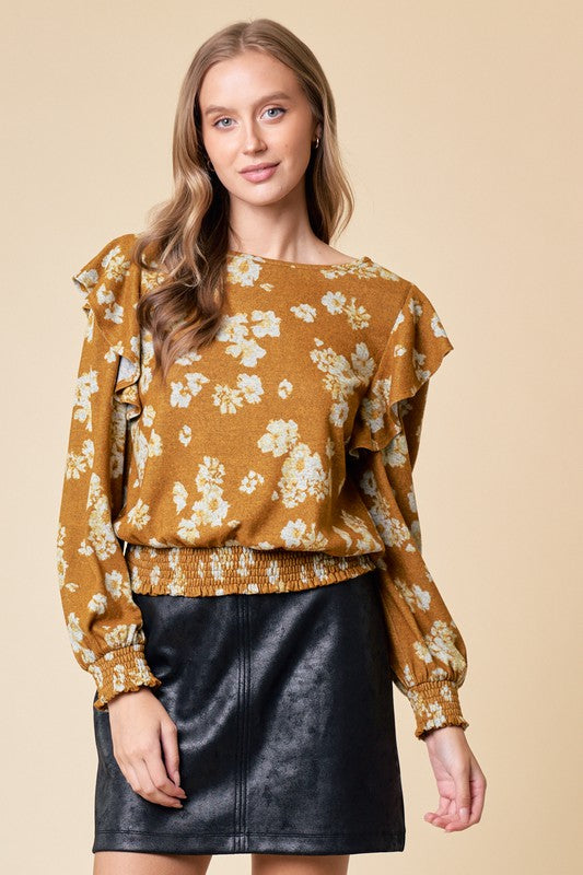 Golden Floral Ruffle Knit Top