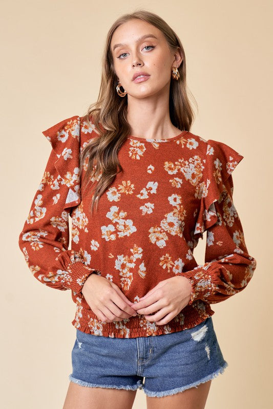 Rust Floral Ruffle Knit Top