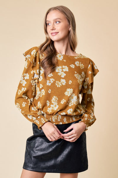 Golden Floral Ruffle Knit Top
